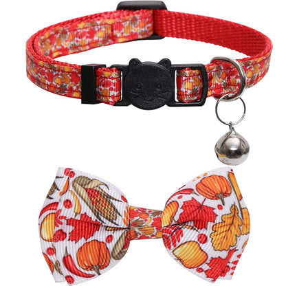 Lamphyface Thanksgiving Cat Collar Fall Autumn Breakaway with Bow Tie and Bell for Kitty Adjustable Safety