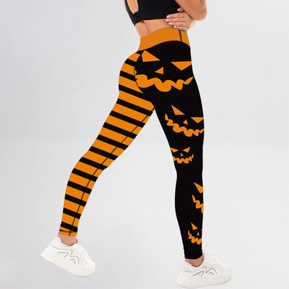 Yoga Legging Halloween Pumpkin Head Stripes Print Fashion Tummy Control Slimming High Waist Workout Pants for Gym Women's Sports DanceS