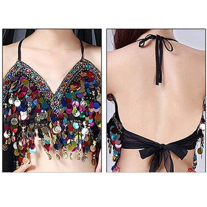 Wuchieal Sequin Halter Bra Top Salsa Belly Dance Boho Festival Clubbing Tribal Bra BH Top (One Size, Black with Colorful Beads)