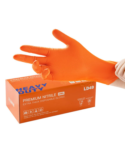 LANON 8mil Orange Disposable Nitrile Gloves, Mechanic, Heavy Duty, Food Safe, Latex Free, Powder Free, Fully-Diamond Textured, Large