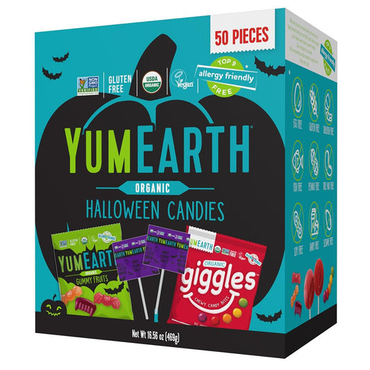 YumEarth Organic Halloween Variety Box - Allergy Friendly (Top 9 Free), No Artificial Dyes or Flavors, Non GMO, Gluten Free, Vegan Candy Snacks, Individually Wrapped (Pack of 50)