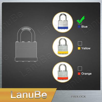 LanuBe Lock Laminated keyed Padlock (1-9/16", 40mm), keyed Alike Locks, Normal Shackle, Marked Blue Plastic Hoop, Pack of 2