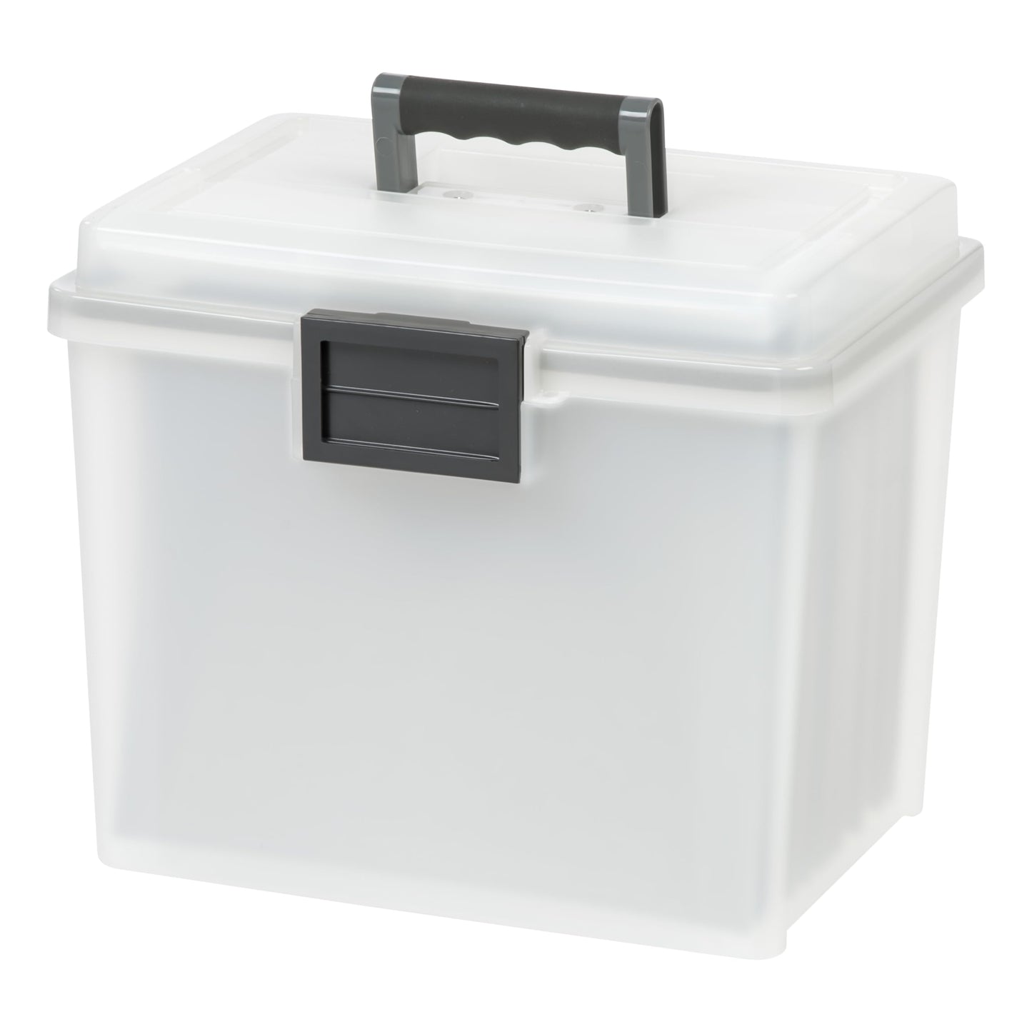 IRIS USA File Box WeatherPro Portable File Organizer Plastic File Box for Letter File w/ Organizer-Lid, Durable Lid and Seal w/ Secure Latching Buckles, Stackable and Nestable, Pearl 19 Qt. 1 Pack