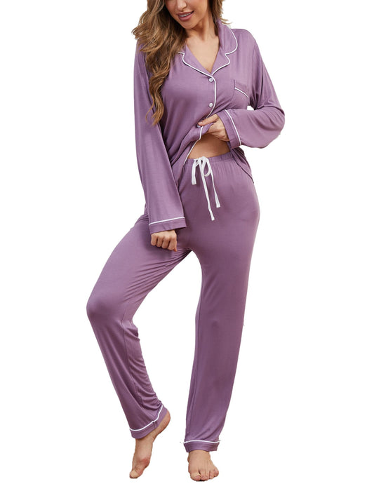Yoolfine Button Up Pajamas for Women, Long Sleeve Sleepwear Soft Loungewear Ladies Pjs Set, Lavender, Medium