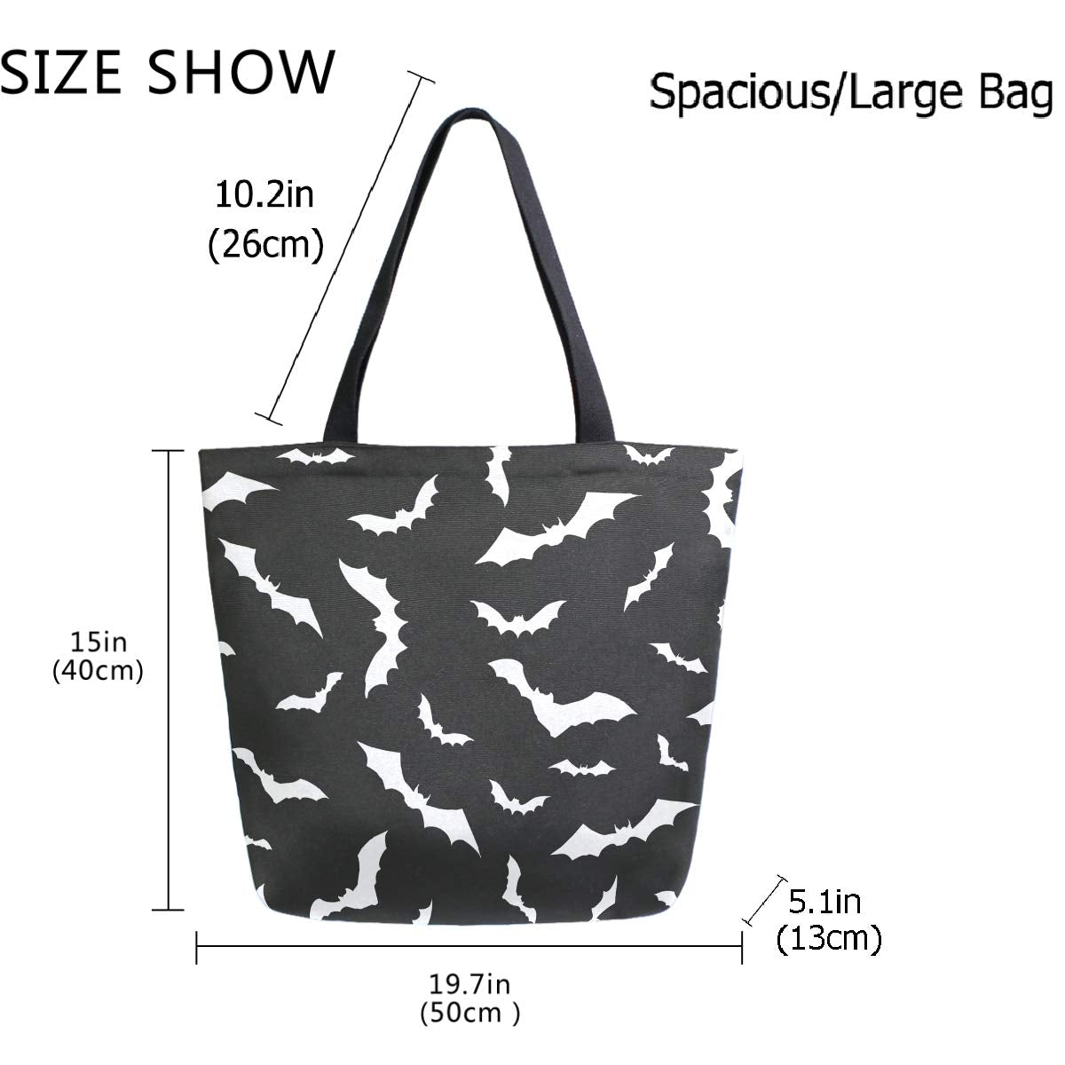 ZzWwR Chic Extra Large Shoulder Grocery Tote Bag, Stylish Bats Halloween Pattern Canvas Reusable Handle Bags for Men Women Gym Weekender Picnic Beach Travel Home Storage Market Shopping,Black