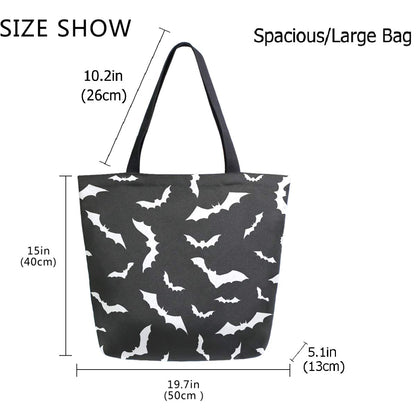 ZzWwR Chic Extra Large Shoulder Grocery Tote Bag, Stylish Bats Halloween Pattern Canvas Reusable Handle Bags for Men Women Gym Weekender Picnic Beach Travel Home Storage Market Shopping,Black