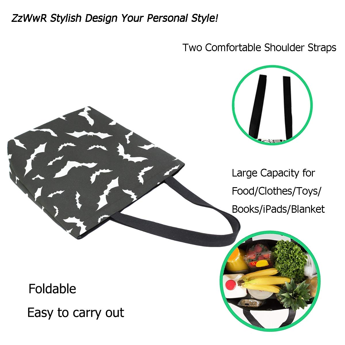ZzWwR Chic Extra Large Shoulder Grocery Tote Bag, Stylish Bats Halloween Pattern Canvas Reusable Handle Bags for Men Women Gym Weekender Picnic Beach Travel Home Storage Market Shopping,Black