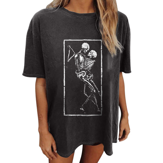 Wukreran Aesthetic Womens Casual Y2K Tops Plus Size Vintage Skull Graphic Tee Short Sleeve Blouse Trendy Loose Comfy Soft Shirts