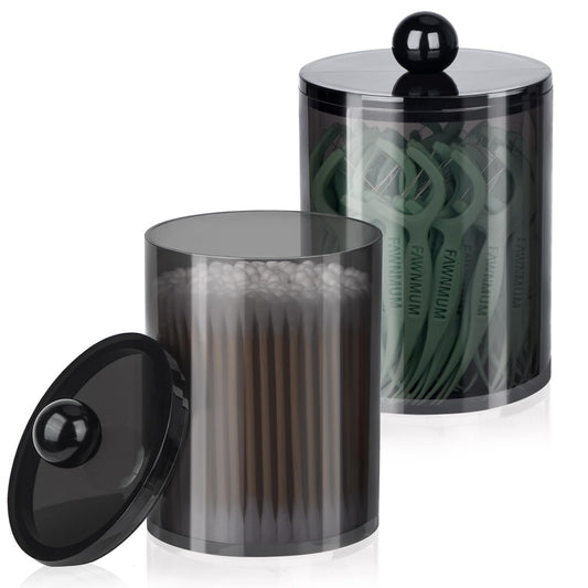 XIPENGKEJI 2 Pack Qtip Holder,Canister Apothecary Jar Set, Bathroom Jars with Lids Set for Cotton Swabs, Balls, Pads, Floss Picks,10oz-12oz Plastic Canisters Restroom Bedroom Vanity Organizer(Black)