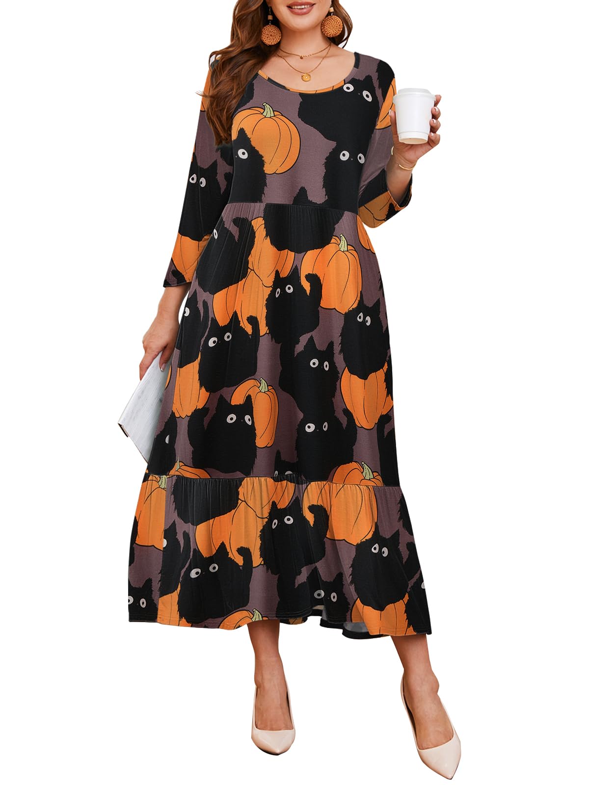 LARACE Halloween 3/4 Sleeve Dresses for Women Plus Size Casual Long Maxi Fall Winter Dress with Pockets(Halloween Pumpkin Cat 2X)