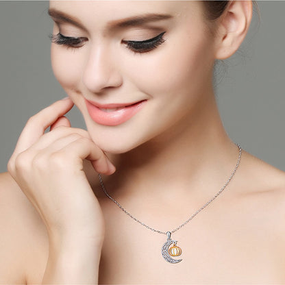 Ladytree Halloween Jewelry 925 Sterling Silver Moon and Pumpkin Luminous Beads Glow Pendant Necklace, 18 inches