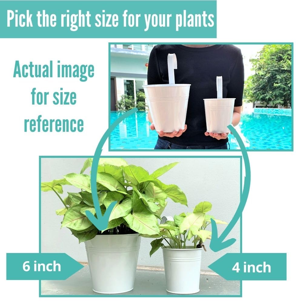 LaLaGreen Hanging Planters - 10 Pack, 4 Inch Balcony Railing Hanging Herb Garden Wall White Metal Bucket Fence Planter for Outdoor Plants Flower Pot Deck Rail Porch Window Box Hooks Macetas Colgante