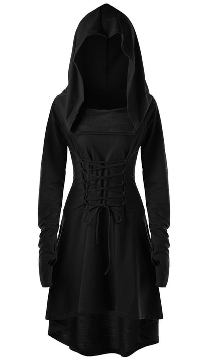 Womens Renaissance Costumes Hooded Robe Lace Up Vintage Pullover High Low Long Hoodie Dress Black