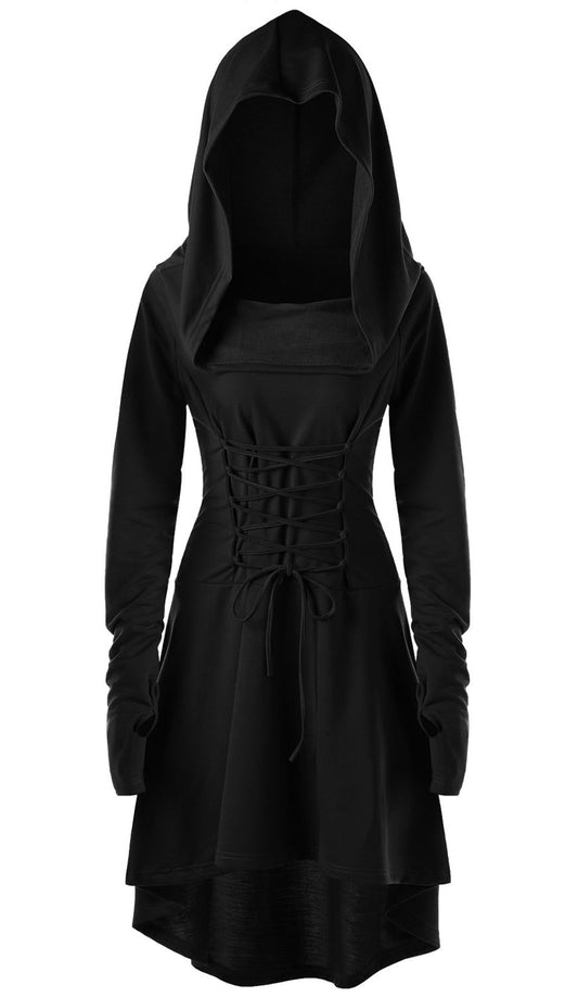 Womens Renaissance Costumes Hooded Robe Lace Up Vintage Pullover High Low Long Hoodie Dress Black