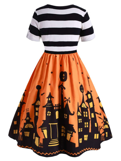 ZEZCLO Women's Plus Size Halloween Dress Funny Striped Pumpkin Halloween Costume Flared Dresses Orange 4XL
