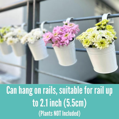 LaLaGreen Hanging Planters - 10 Pack, 4 Inch Balcony Railing Hanging Herb Garden Wall White Metal Bucket Fence Planter for Outdoor Plants Flower Pot Deck Rail Porch Window Box Hooks Macetas Colgante