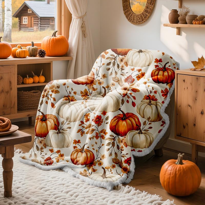 Lanpn Fall Pumpkin Flannel Throw Blanket, Soft Warm Flannel Sherpa Fleece Throws Orange Pumpkins Leaves Blanket for Couch Bed, Cozy Autumn Throw Blankets Farmhouse Thanksgiving Home Decor, 50"x60"