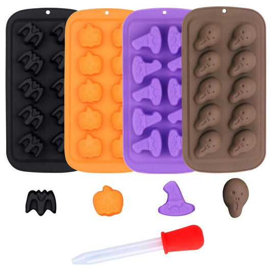 4Pcs/Set Halloween Chocolate Candy Molds - Bat, Pumpkin, Witch Hat, Ghost, Skull Silicone Jello Fat Bomb Molds - Mini Soap, Wax, Crayon Melt Mould, Ice Cube Trays - Halloween Party Favor Supplies