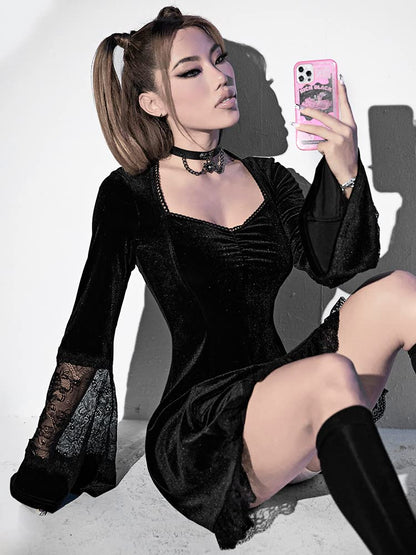 LANSHULAN Contrast Lace Long Sleeve Dress Black Goth Vintage Dresses