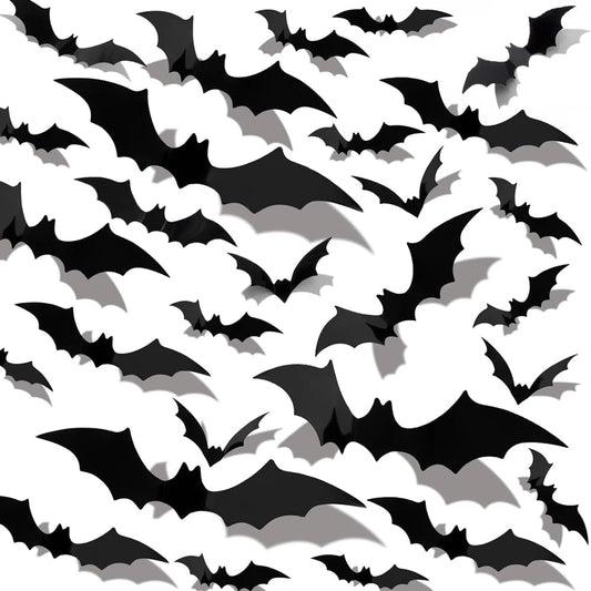 XWSG 60PCS Halloween 3D Bats Decoration Halloween Large Bats Wall Decor 4 Different Sizes Realistic PVC Scary Black Bat Sticker for Home Decor DIY Wall Decal Bathroom Indoor Halloween Party Supplies