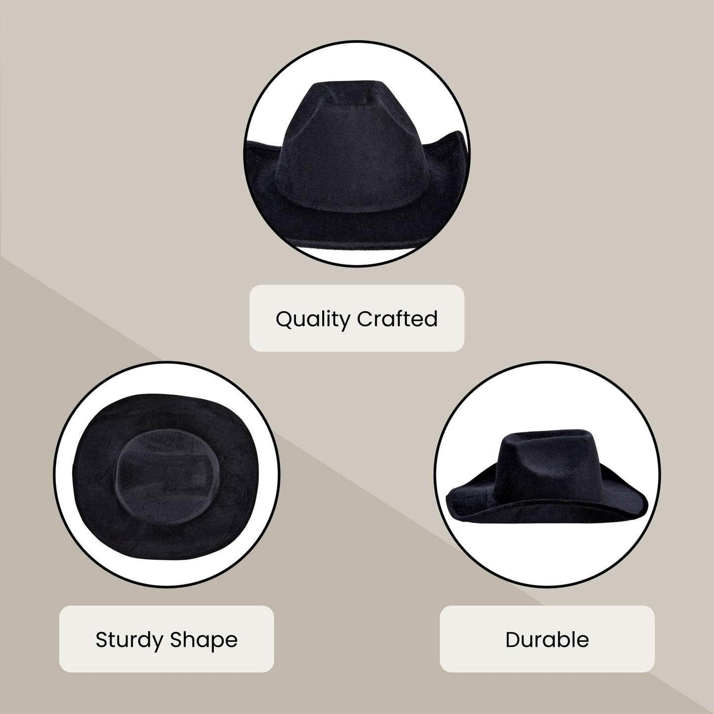 Zodaca 4-Piece Black Cowboy Hats - Adjustable Adult Size Velvet Felt - Costume & Party Favors for Men & Women - Birthday Cowboy Hat