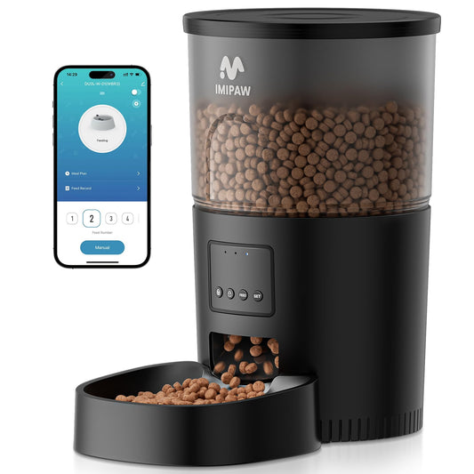 IMIPAW Automatic Cat Feeder, 5G WiFi Cat Food Dispenser with APP Remote Control, Pet Dry Food Smart Feeder, Programmable Timed Feeding, Dual Power Supply, 1-10 Meals Per Day