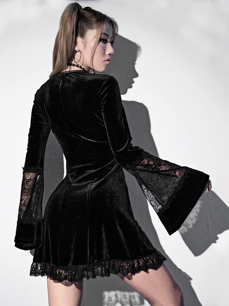LANSHULAN Contrast Lace Long Sleeve Dress Black Goth Vintage Dresses