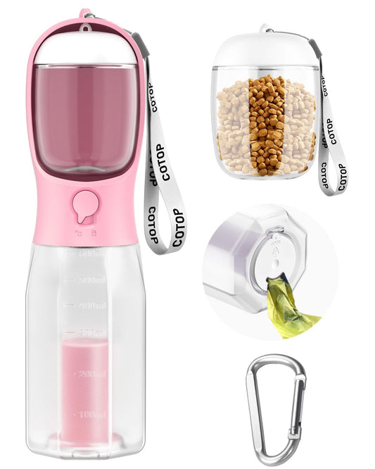 20oz Dog Water Bottle with Food Container & Poop Bag Dispenser | Leak-Proof Portable Pet Water Dispenser with Carabiner Clip | for Walking, Hiking, Travel