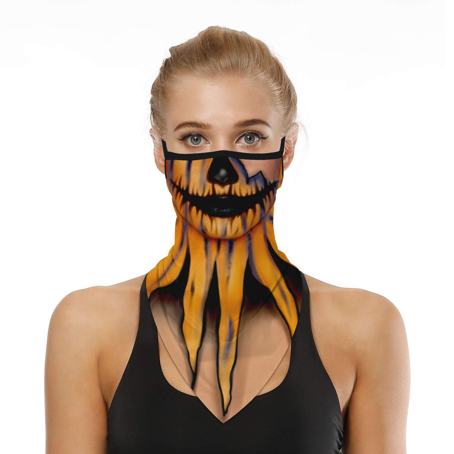 YAYOUREL Halloween Scary Mask Halloween Masks for Adults Skull Pumpkin Skeleton Neck Gaiter Face Mask Covering Ear Loop Hole Triangle Bandanas for Men Women UV Face Scarf Mask Cover Black Yellow