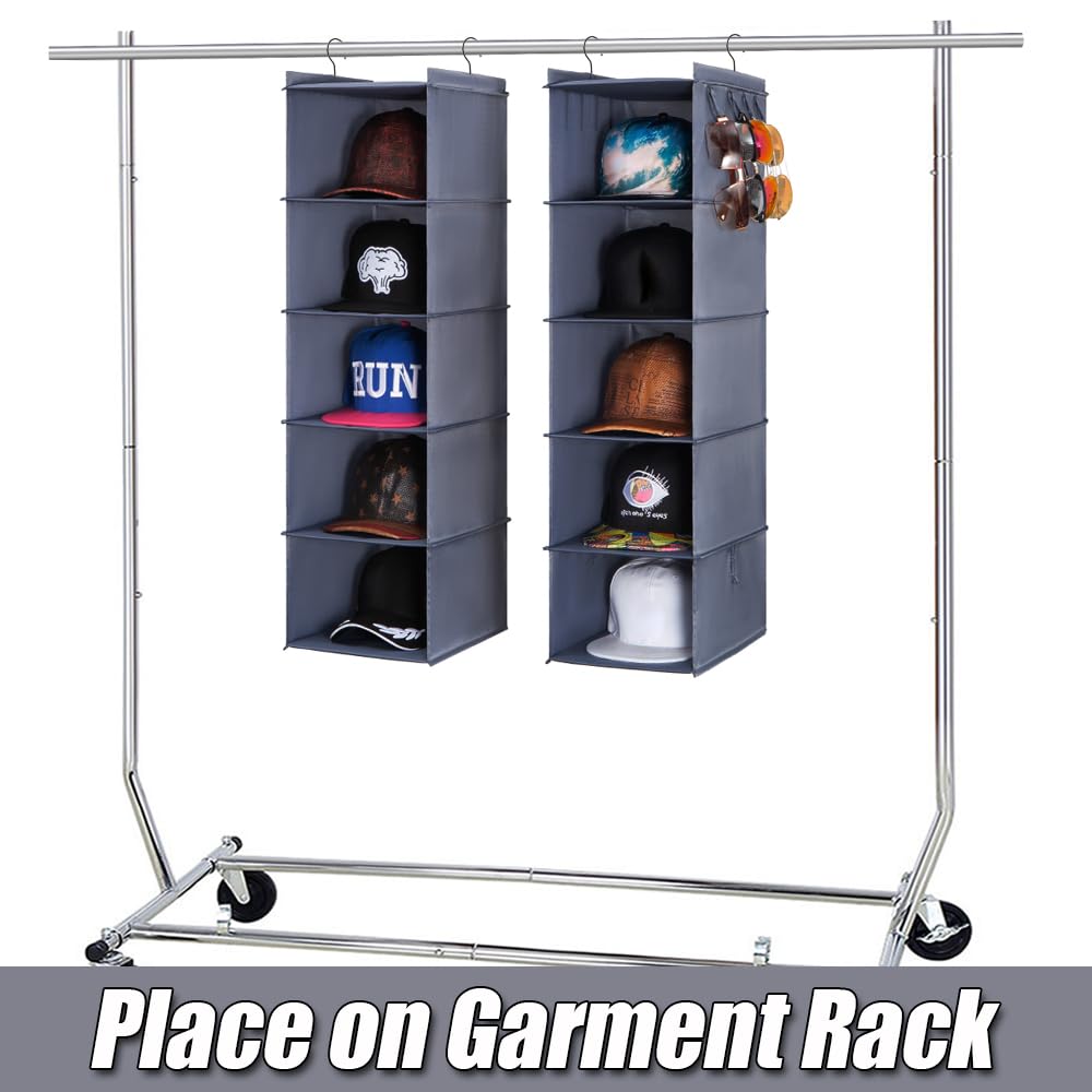 LADYBRO Baseball Cap Storage for Closet Hanging Hat Organizer Hat Rack 10-Shelf or 2 Pcs 5-Shelf, Trucker Dad Golf Cap Newsboy Container Display Hanger Holder Oxford Cloth Space Saver