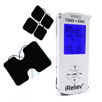 iReliev TENS Unit + EMS Muscle Stimulator Comes with 14 Therapy Modes, Premium Pain Relief and Recovery System, Rechargeable, Large Back Lit Display, Large and Small Electrode Pads