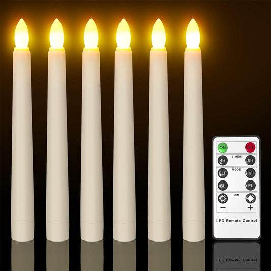 Ymenow Flameless Taper Candles with Remote Timer, 6pcs 7.9" Battery Operated LED Fake Electric Tapered Candles Flickering Ivory Floating Candlesticks for Halloween Party Table Christmas Decorations