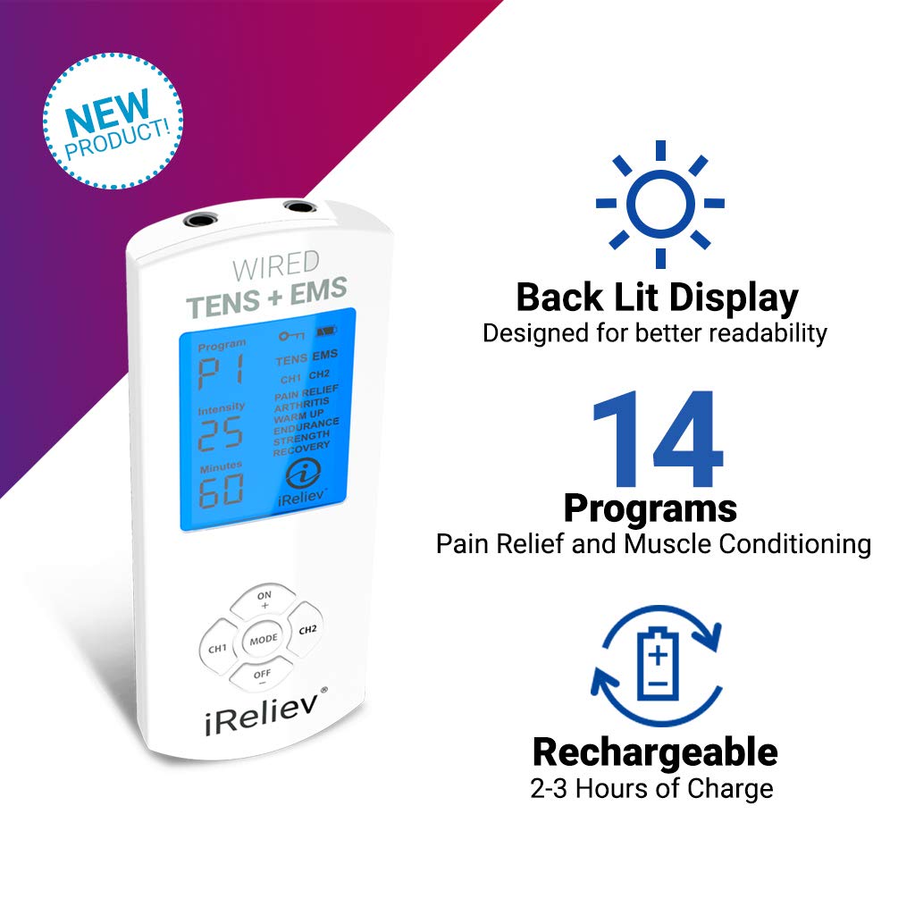 iReliev TENS Unit + EMS Muscle Stimulator Comes with 14 Therapy Modes, Premium Pain Relief and Recovery System, Rechargeable, Large Back Lit Display, Large and Small Electrode Pads