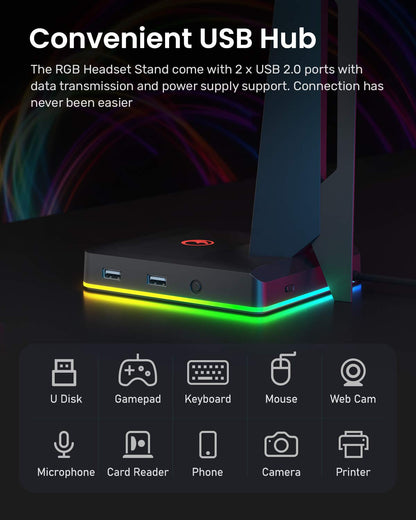 IFYOO RGB Gaming Headset Stand with 2 USB Ports, Game Headphone Mount for PC, Xbox One, PS4, Switch, Earphone Holder Hanger, Great for Gaming Stations, Fancy Desk Gamer Accessories, Black