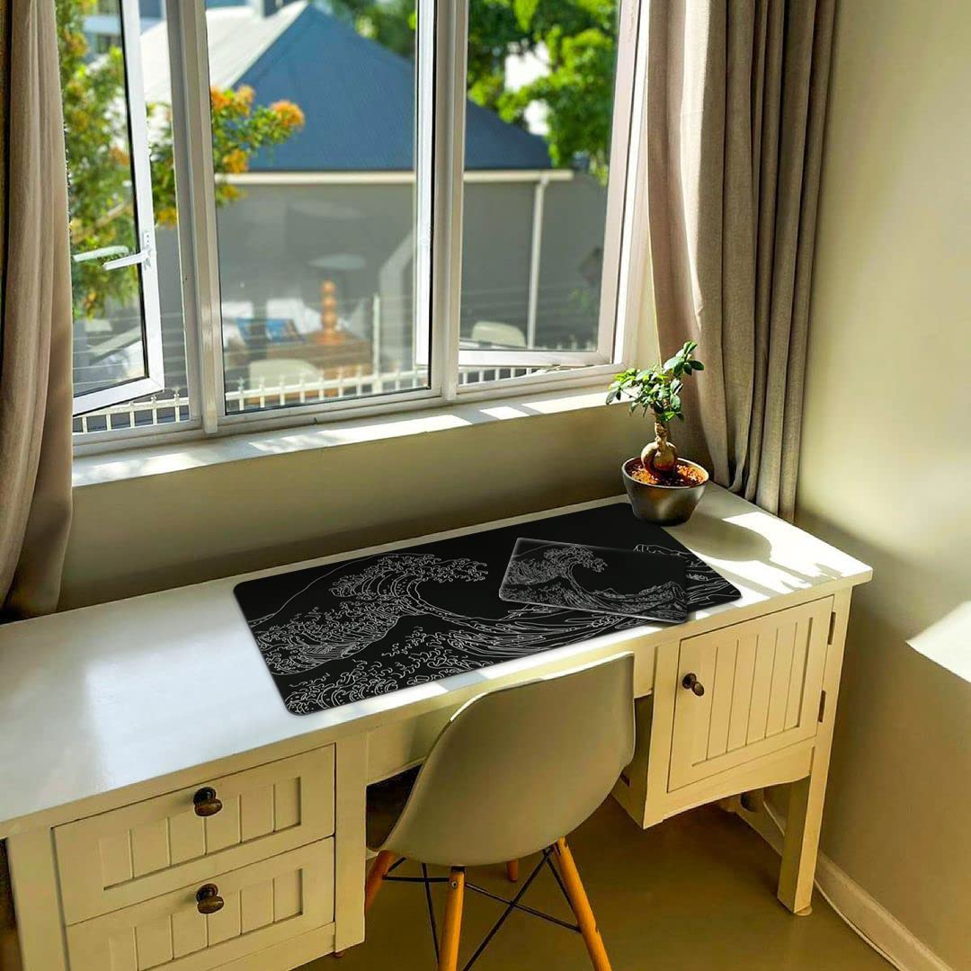 iCasso Mousepad, Gaming Mouse Pad, XXL Large Desk Mat, Big Rubber Base Mouse Mat with Stitched Edges, Computer Keyboard Desk Pad for Work, Game, Office, Home - Black Wave of Kanagawa