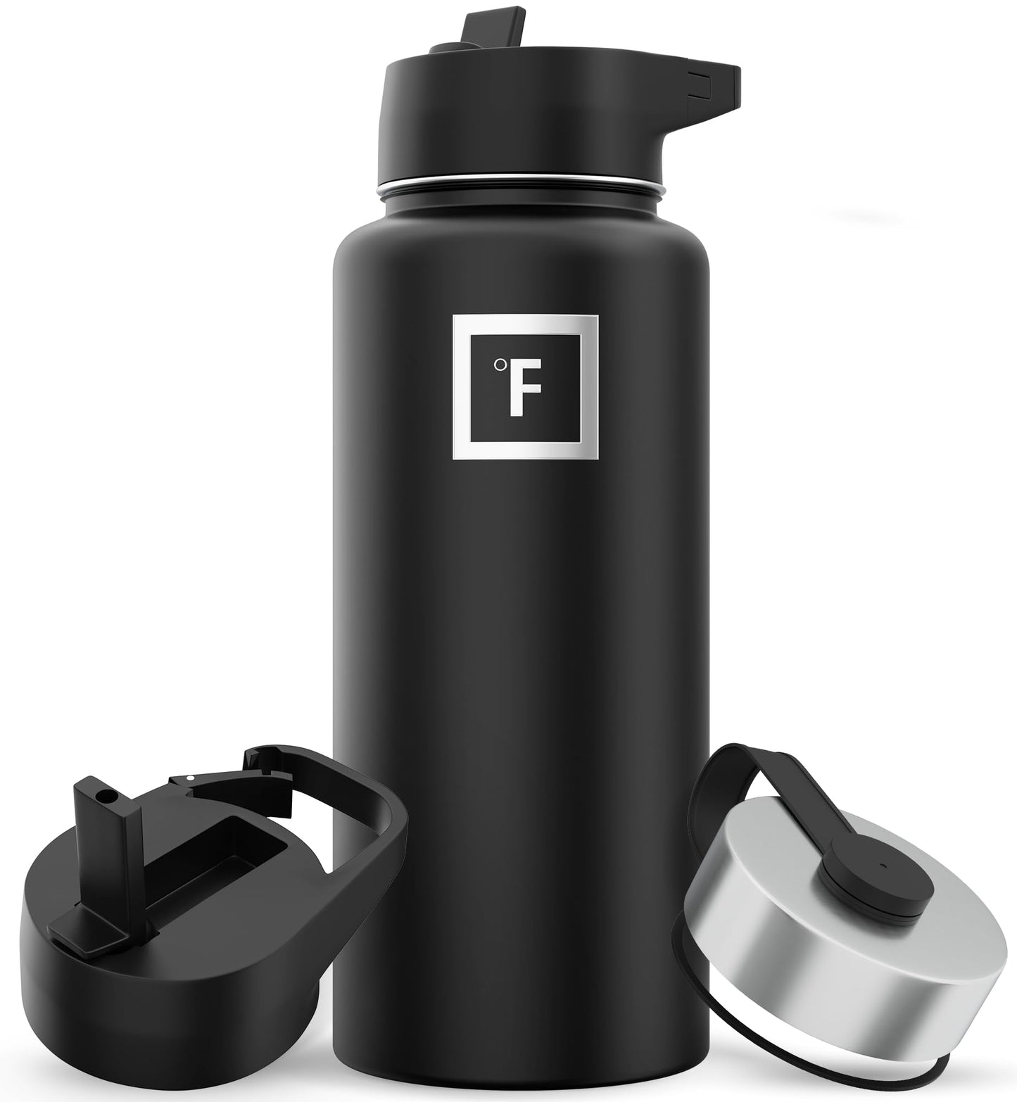 IRON °FLASK Camping & Hiking Hydration Flask with 3 Lids - Stainless Steel, Double Walled & Vacuum Insulated Water Bottle - Leak Proof & BPA Free (Midnight Black, Straw - 32 oz)
