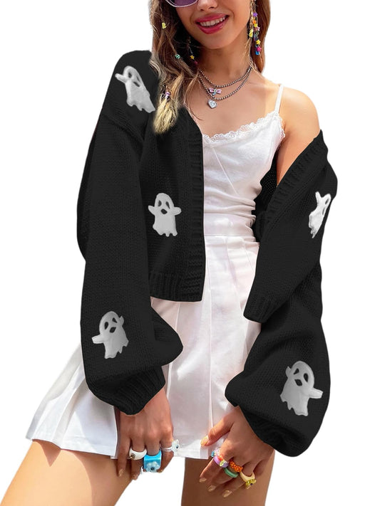 Womens Ghost Cardigan Girl Halloween Outfit Embroidered Print Long Sleeve Open Front Y2K Cropped Knit 90s Aesthetic Cardigan Sweaters