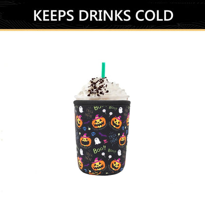 YR Reusable Neoprene Insulator Sleeve for Iced Coffee Cups, 3 Pack Coffee Coolies sleeves for Iced & Hot Drinks, Cold Beverage Cooler Compatible with Starbucks Coffee and More (Halloween Boo)