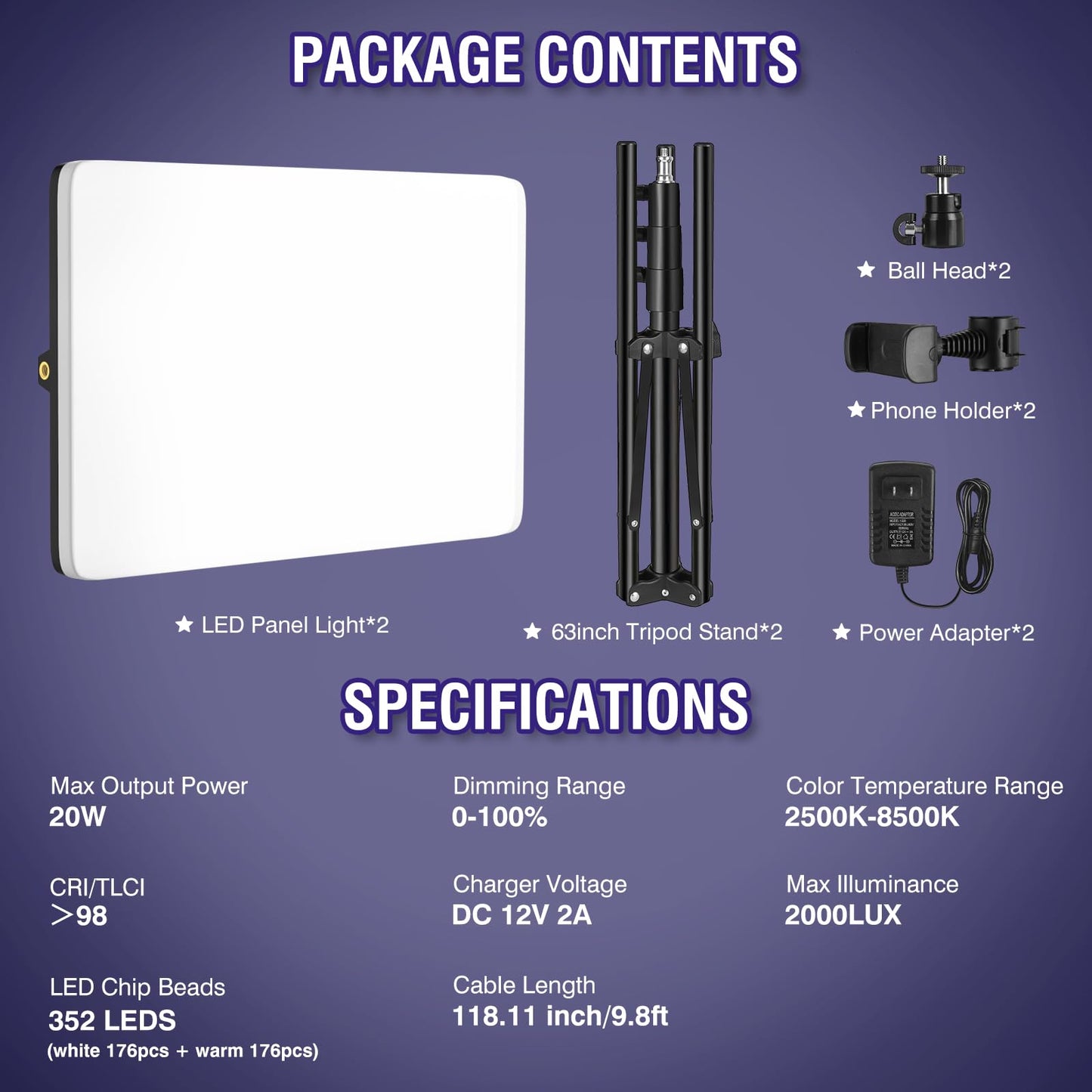 2-Pack LED Video Light Kit with 63'' Tripod Stand, Icceue 2500K-8500K Dimmable Studio Light Photography Panel Lighting for Video Recording Game Live Streaming Podcast YouTube Filming, Phone Holder