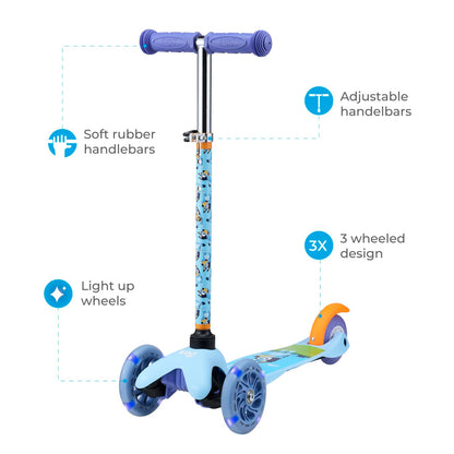 Voyager Self Balancing Kick Scooter with Light Up Wheels, Extra Wide Deck, 3 Wheel Platform, Foot Activated Brake, 75 lbs Limit, Kids & Toddlers Girls or Boys, for Ages 3 and Up, Bluey