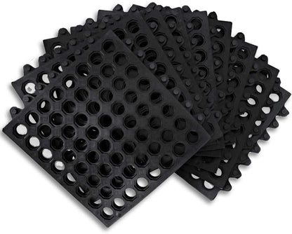 Interlocking Rubber Mats for Floor Anti Fatigue Kitchen Mats 9 Pack 11.8" x 11.8" Modular Rubber Interlocking Floor Tiles, Pool Balcony Patio Yard Pet Area Use Restaurant Rubber Bar Floor Mat Black