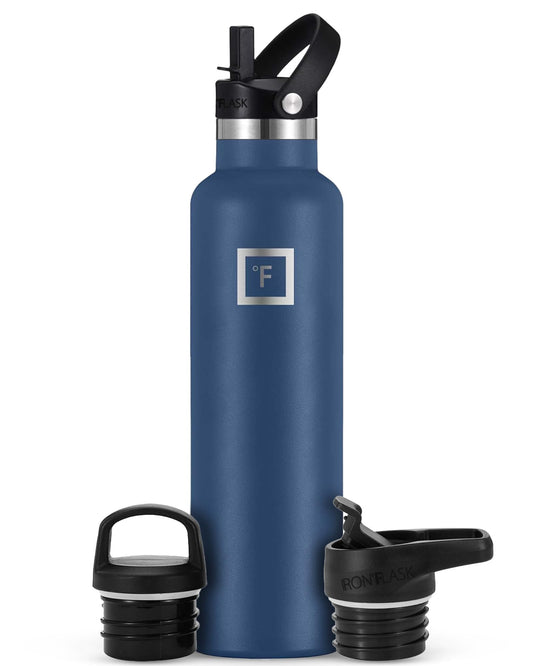 IRON °FLASK Camping & Hiking Hydration Canteens - 3 Lids (Narrow Straw Lid) Leak Proof Vacuum Insulated Stainless Steel - Hot & Cold Double Walled Sports Water Bottle - Twilight Blue, 24 Oz