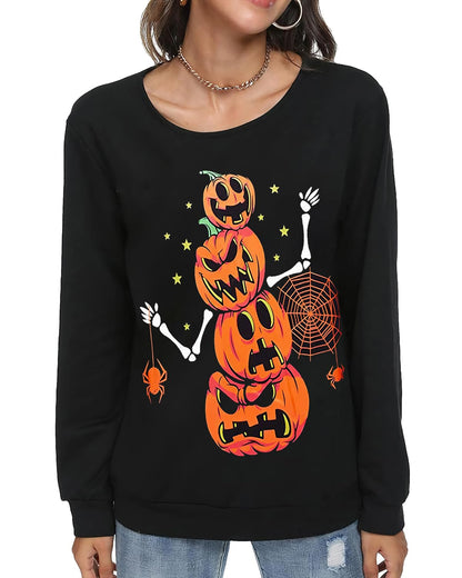 zarmfly Halloween Sweatshirts for Women Pumpkin Skeleton Shirts Long Sleeve Funny Pumpkin Graphic Halloween Tops M 8111