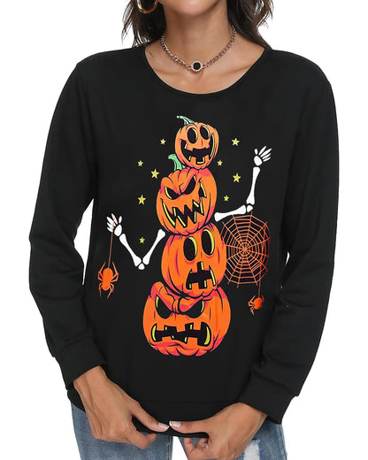 zarmfly Halloween Sweatshirts for Women Pumpkin Skeleton Shirts Long Sleeve Funny Pumpkin Graphic Halloween Tops M 8111