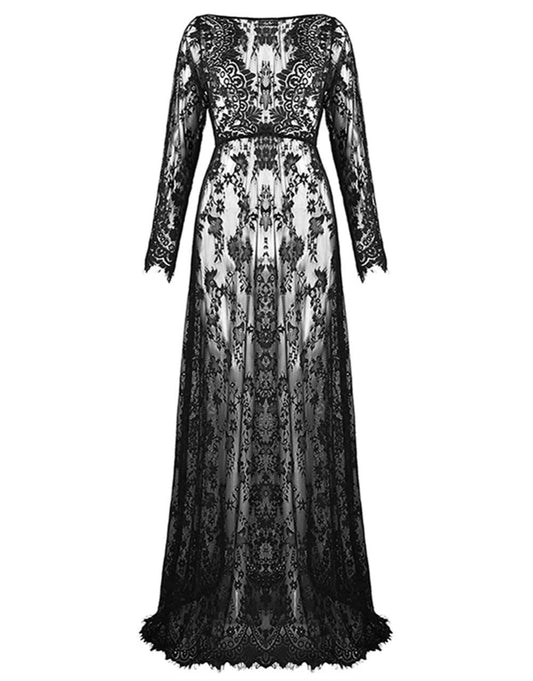 ZIUMUDY Sexy Deep V-Neck Long Sleeve Lace Beach See-Through Maternity Maxi Dress (XX-Large, Black)