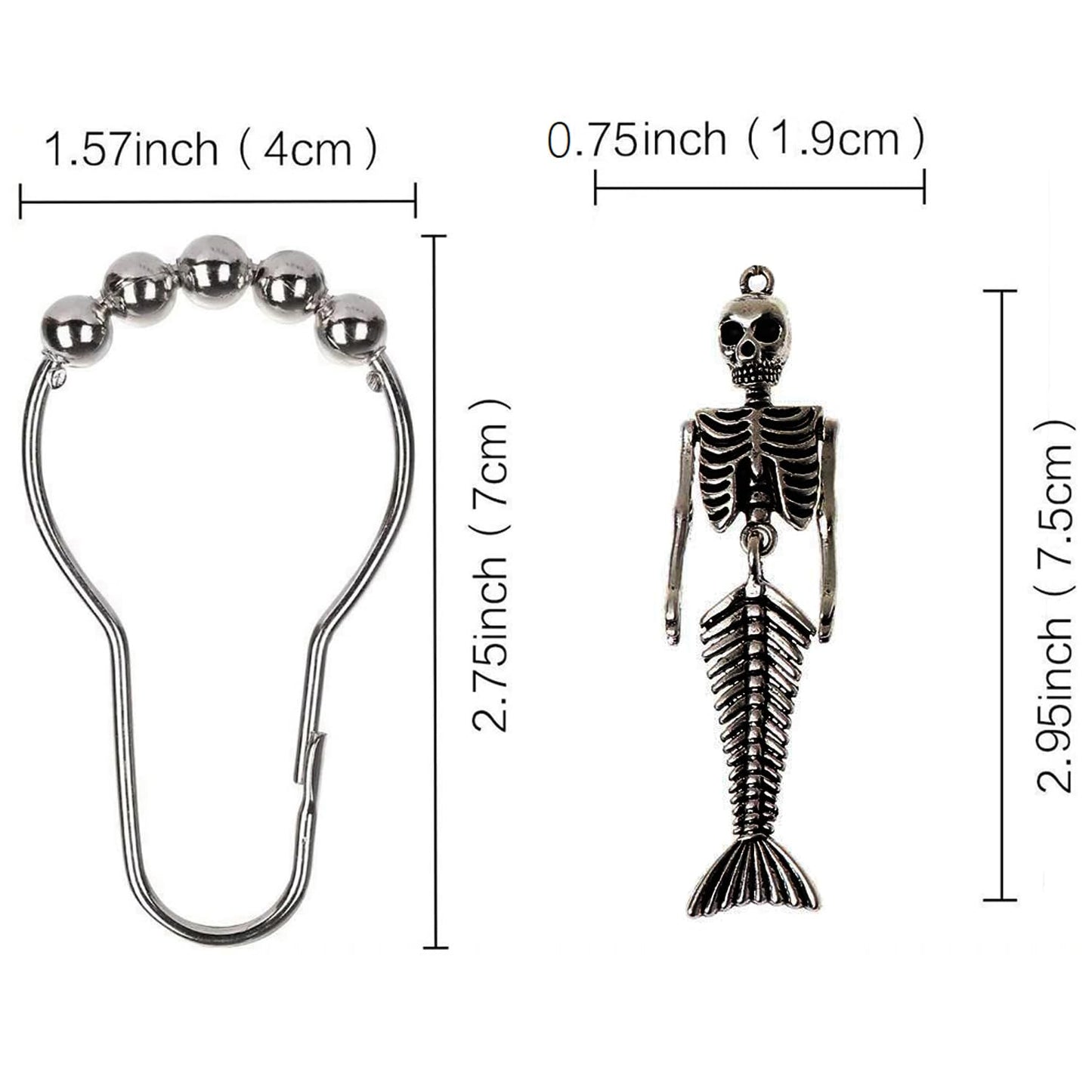 ZILucky 12Pcs Mermaid Skeleton Shower Curtain Hooks Halloween Decorative Home Bathroom Decor Rustproof Skeletons Shower Curtain Rings (Mermaid Skull Silver)