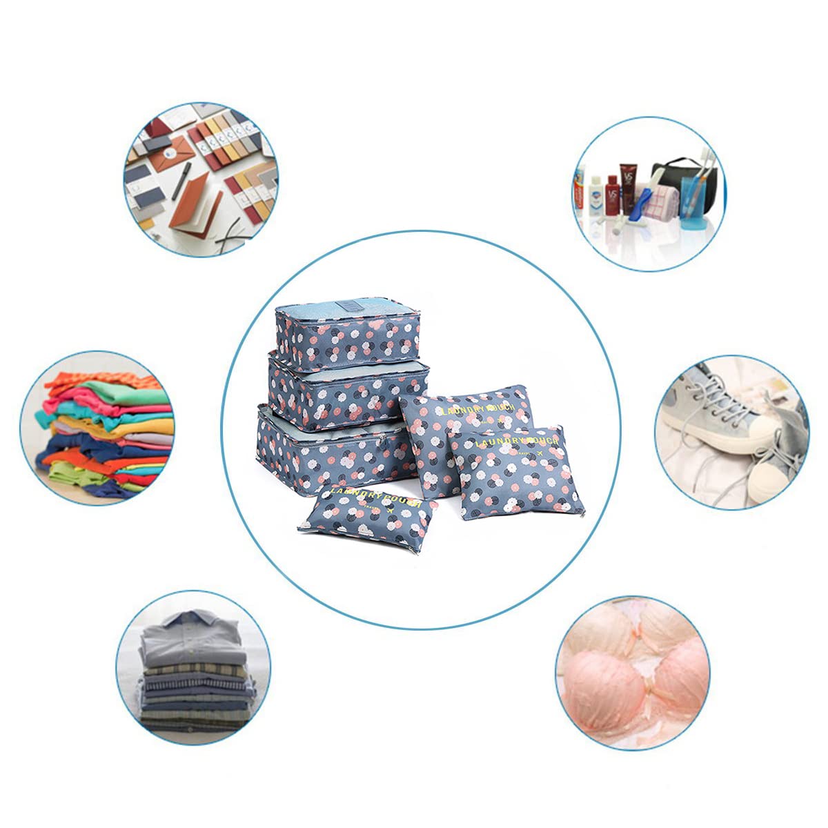 Laebevon 6 PCS Packing Cubes,Multi-functional Clothing Sorting Packages,Travel Carry On Luggage Organizers Storage Bags,Travel Packing Pouches, Blue Flower