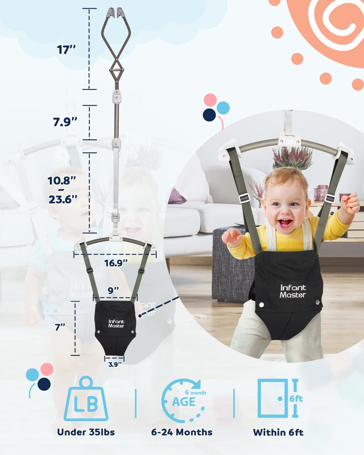 Infant Master Baby Doorway Jumpers, Sturdy Johnny Jumper Adjustable 10.8"-23.6" Strap, Soft Baby Johnny Bouncer w/Seat Bag, Protable Doorway Jumper and Boucer for Baby, Ideal Gift for Infant