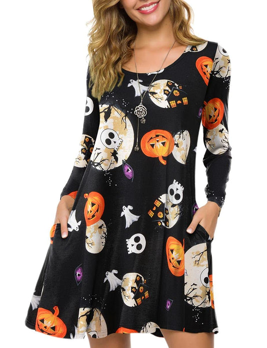 ZENNILO Women's Loose Fit Casual Swing Halloween T-Shirt Dress with Pockets(Flower42,M)