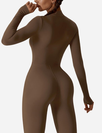 YEOREO Women Long Sleeve Workout Jumpsuit Zip Up Romper Bottom Pants Bodysuit Bodycon Sexy One Piece Coffee M